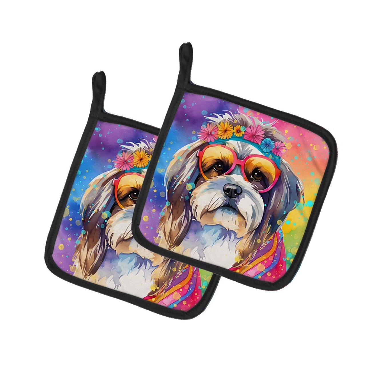 Edge Collections - 7.5" x 7.5" - Multicolor - Hippie Dawg Shih Tzu Pot Holders - 1 Pair